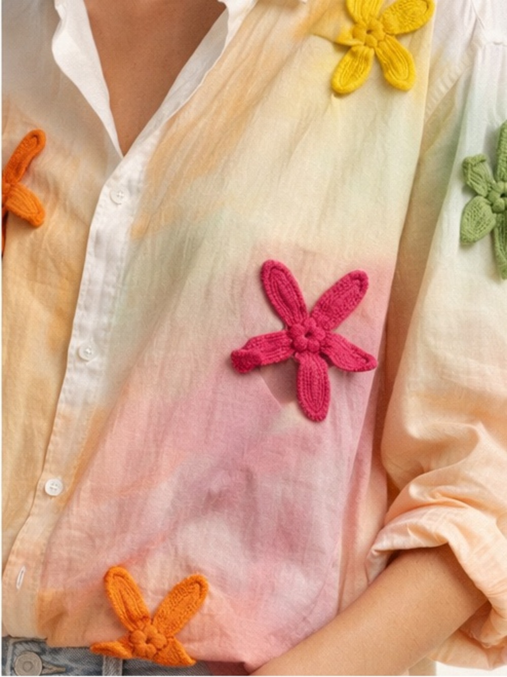 Porte d’ego Hand-Painted Shirt Crochet Flowers Statement Top Small NWT - Picture 4 of 5